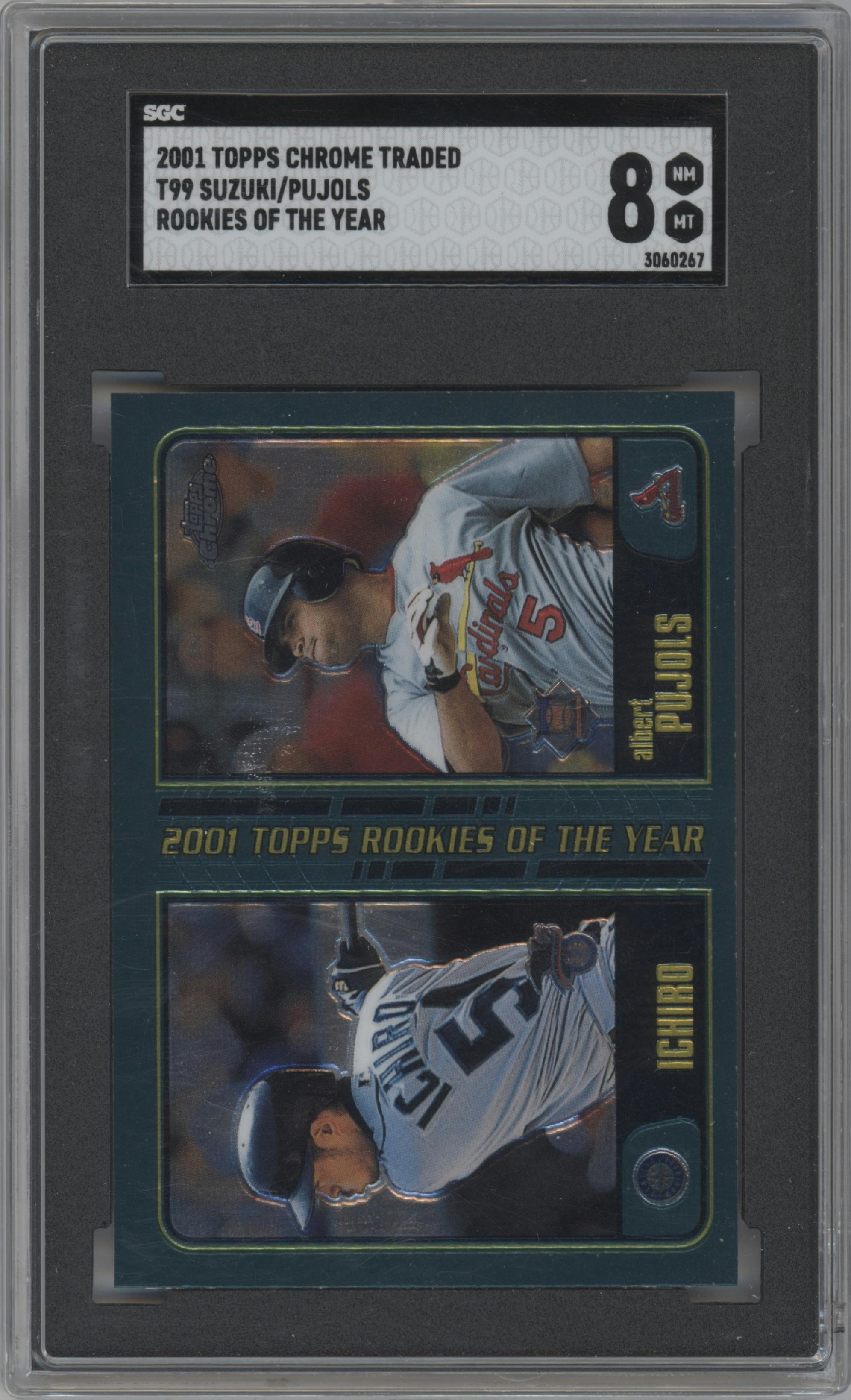Ichiro Suzuki/Albert Pujols from the 2001 Topps Traded  set graded by SGC and given an overall grade of 8.