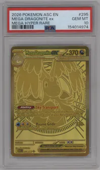 Mega Dragonite ex from the 2026 Pokemon Mega Evolution set featuring a Mega Hyper Rare parallel graded by PSA and given an overall grade of 10.