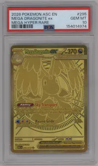 Mega Dragonite ex from the 2026 Pokemon Mega Evolution set featuring a Mega Hyper Rare parallel graded by PSA and given an overall grade of 10.
