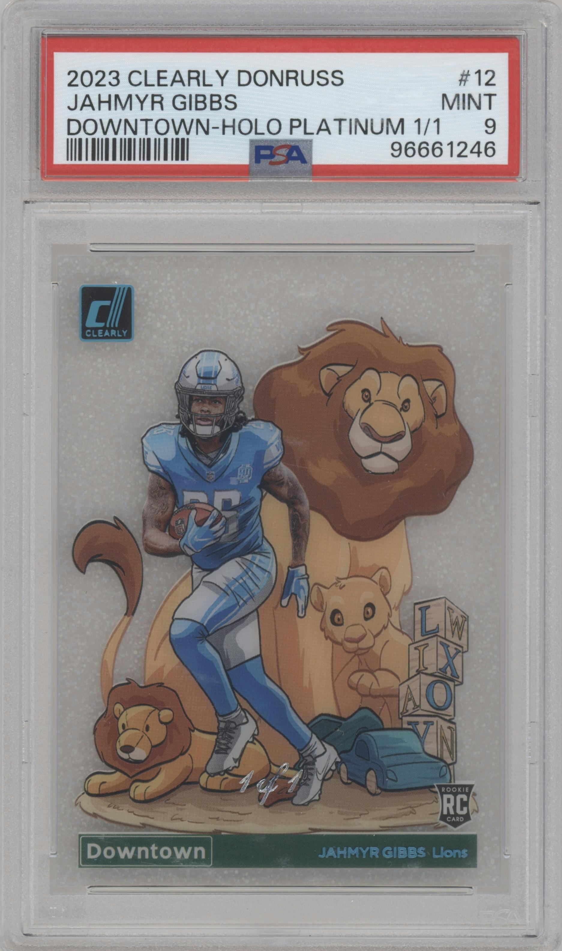 Jahmyr Gibbs from the 2023 Clearly Donruss set featuring a Holo Platinum parallel graded by PSA and given an overall grade of 9.
