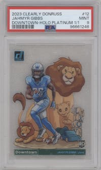 Jahmyr Gibbs from the 2023 Clearly Donruss set featuring a Holo Platinum parallel graded by PSA and given an overall grade of 9.