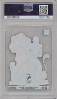 Jahmyr Gibbs from the 2023 Clearly Donruss set featuring a Holo Platinum parallel graded by PSA and given an overall grade of 9.