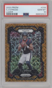 C.J. Stroud from the 2023 Panini Prizm set featuring a Lazer parallel graded by PSA and given an overall grade of 10.