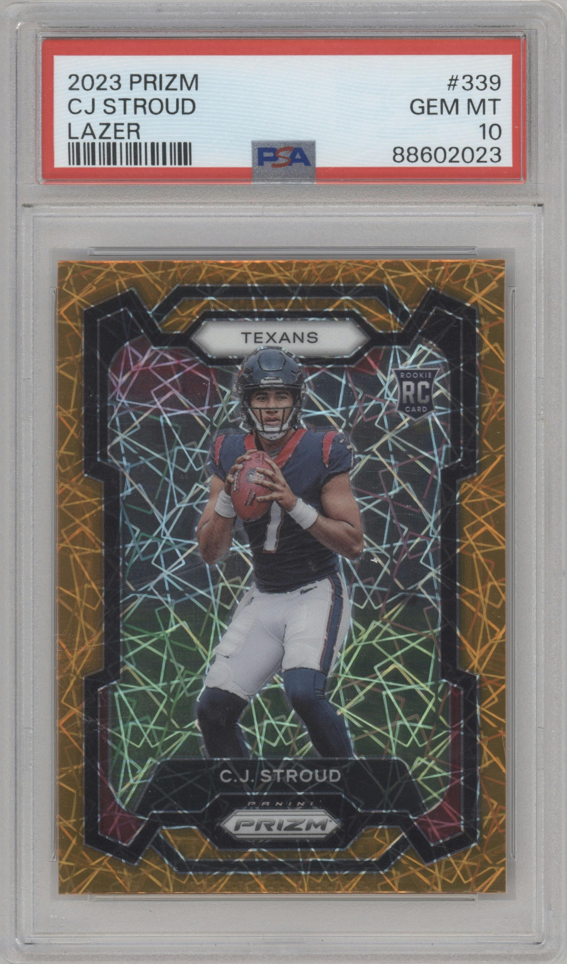 C.J. Stroud from the 2023 Panini Prizm set featuring a Lazer parallel graded by PSA and given an overall grade of 10.