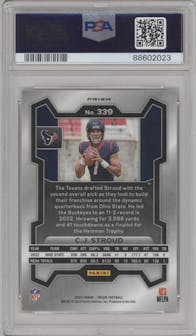 C.J. Stroud from the 2023 Panini Prizm set featuring a Lazer parallel graded by PSA and given an overall grade of 10.
