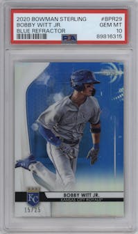 Bobby Witt Jr. from the 2020 Bowman Sterling set featuring a Blue Refractor  parallel graded by PSA and given an overall grade of 10.