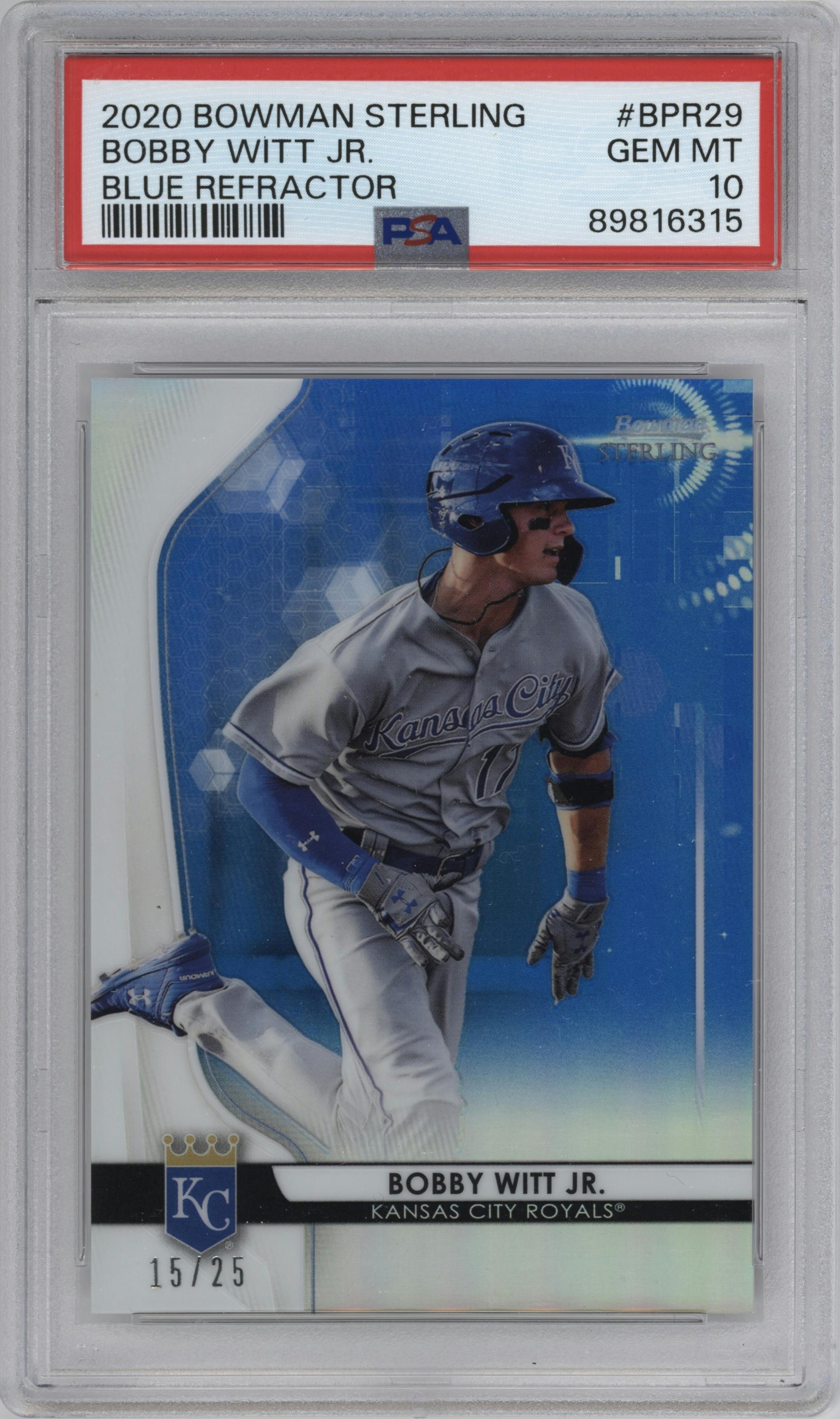 Bobby Witt Jr. from the 2020 Bowman Sterling set featuring a Blue Refractor  parallel graded by PSA and given an overall grade of 10.