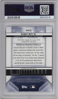 Bobby Witt Jr. from the 2020 Bowman Sterling set featuring a Blue Refractor  parallel graded by PSA and given an overall grade of 10.