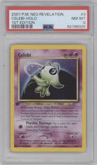 Celebi from the 2001 Pokemon Neo Genesis set graded by PSA and given an overall grade of 8.