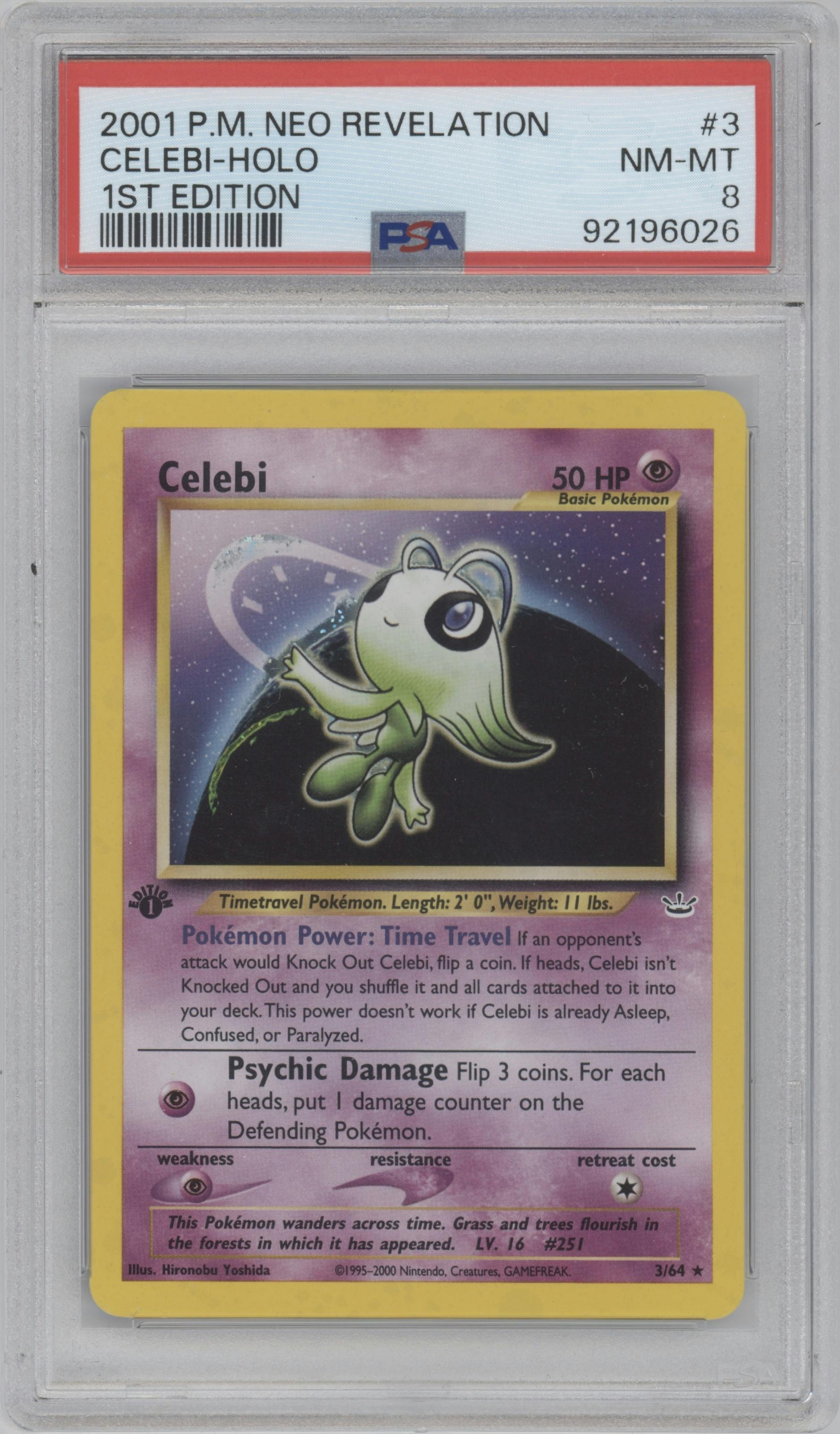 Celebi from the 2001 Pokemon Neo Genesis set graded by PSA and given an overall grade of 8.