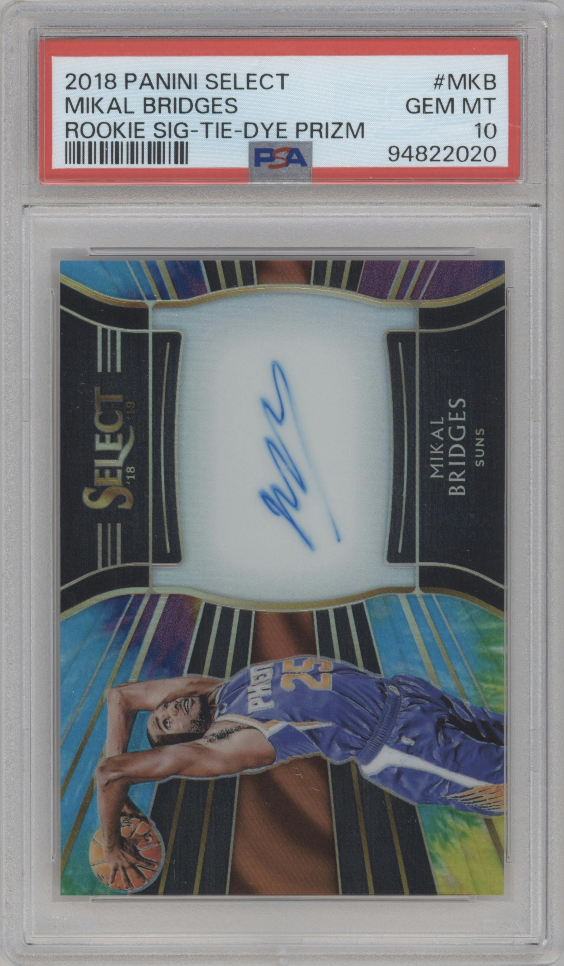 Mikal Bridges from the 2018-19 Panini Select  set featuring a Tie-Dye parallel graded by PSA and given an overall grade of 10.