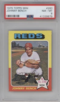 Johnny Bench from the 1975 Topps Mini set graded by PSA and given an overall grade of 8.