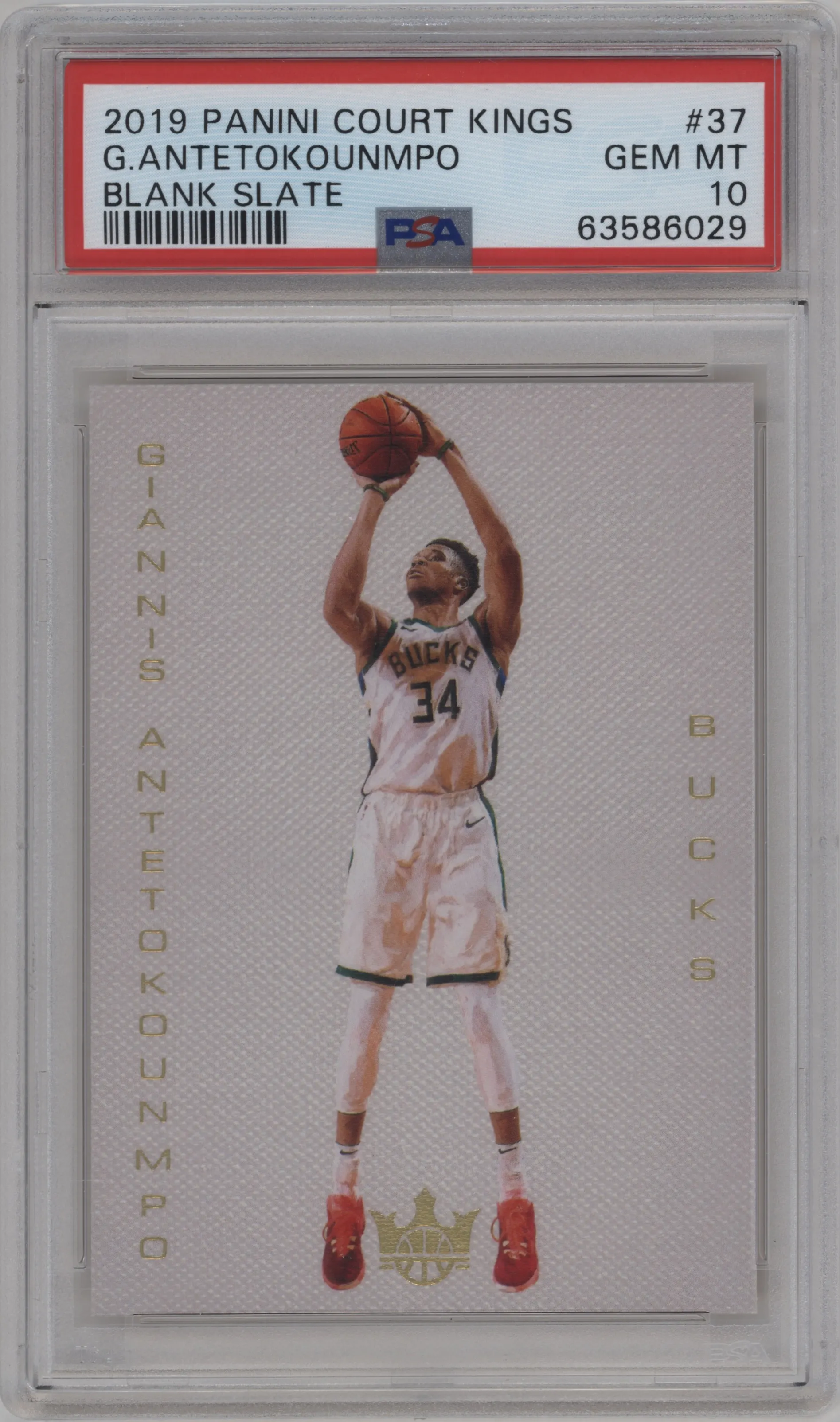 Giannis Antetokounmpo from the 2019-20 Panini Court Kings set graded by PSA and given an overall grade of 10.