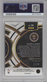Nikola Jokic from the 2023-24 Panini Select  set featuring a Neon Orange Pulsar FOTL parallel graded by PSA and given an overall grade of 10.