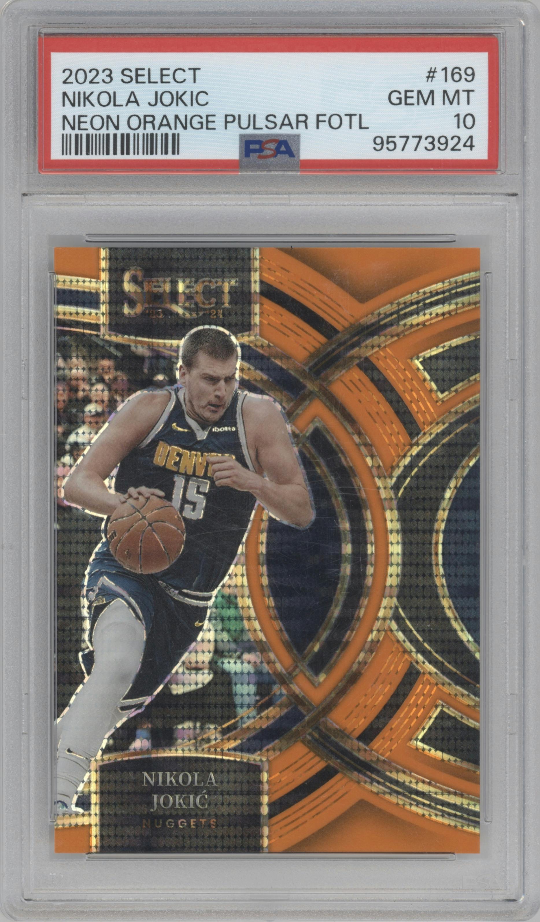 Nikola Jokic from the 2023-24 Panini Select  set featuring a Neon Orange Pulsar FOTL parallel graded by PSA and given an overall grade of 10.