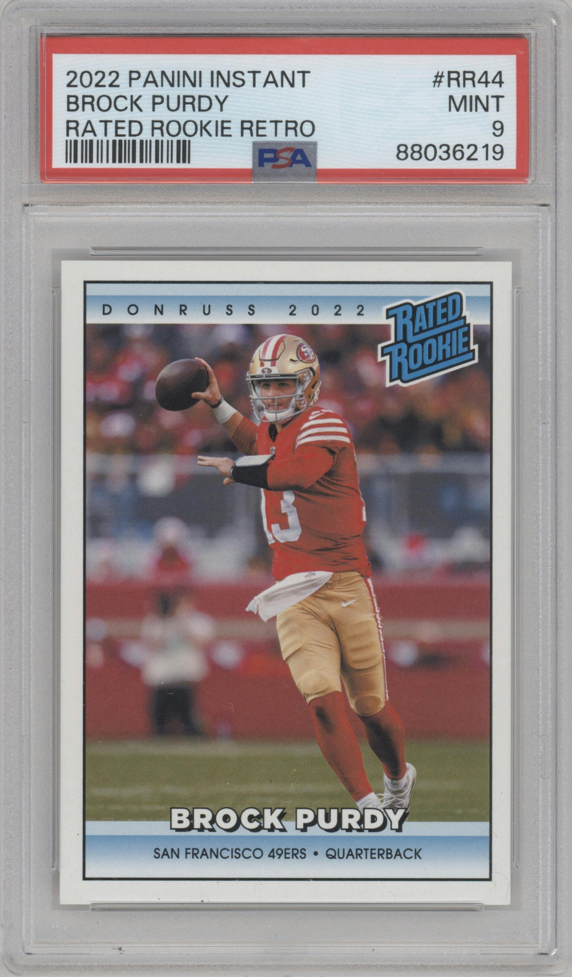 Brock Purdy from the 2022 Panini Instant Rated Rookie Retro  set graded by PSA and given an overall grade of 9.