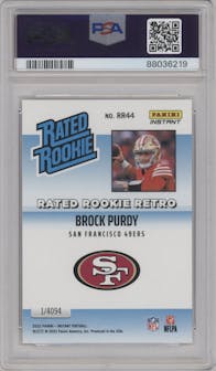 Brock Purdy from the 2022 Panini Instant Rated Rookie Retro  set graded by PSA and given an overall grade of 9.