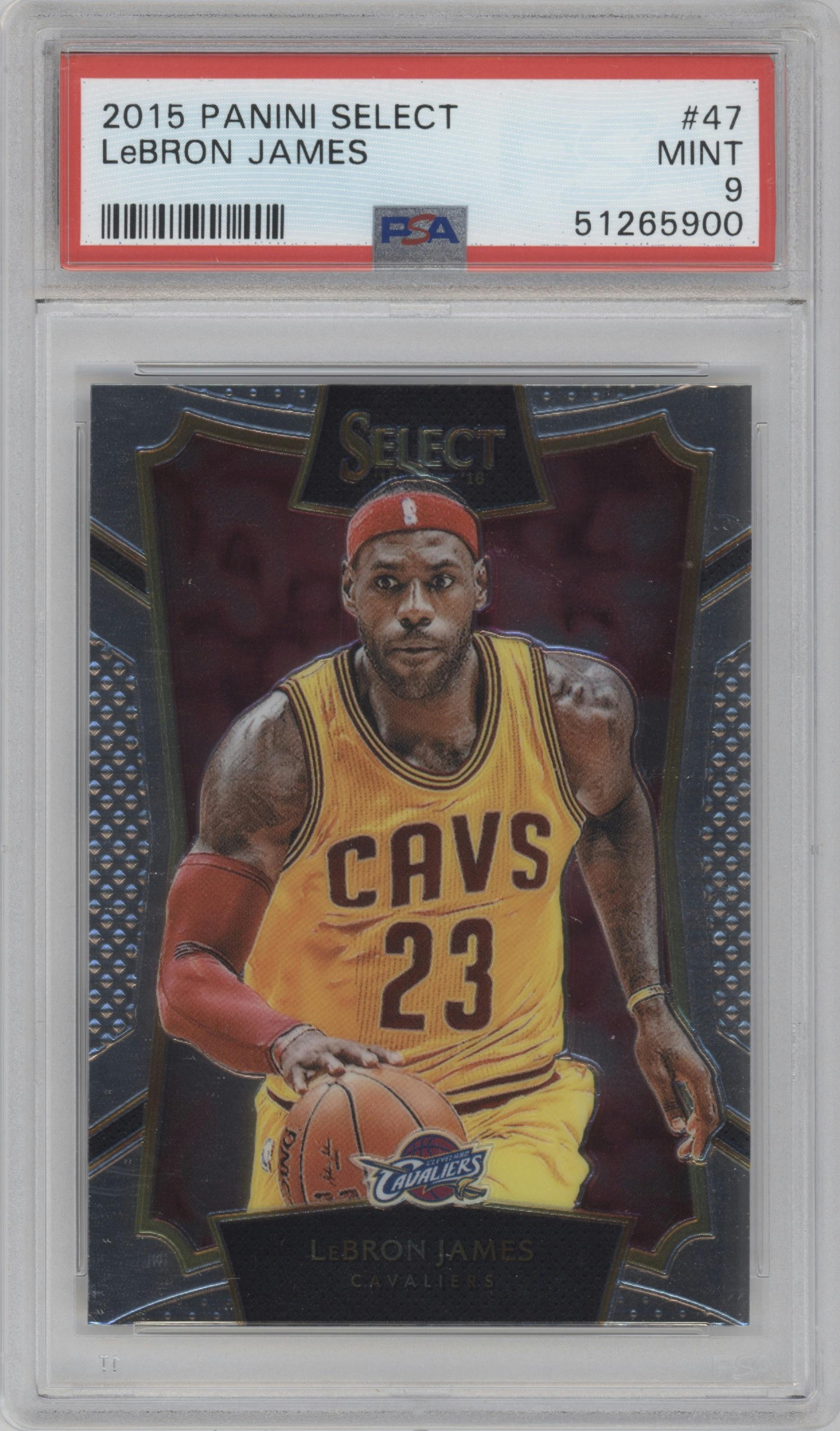 LeBron James from the 2015-16 Panini Select  set graded by PSA and given an overall grade of 9.