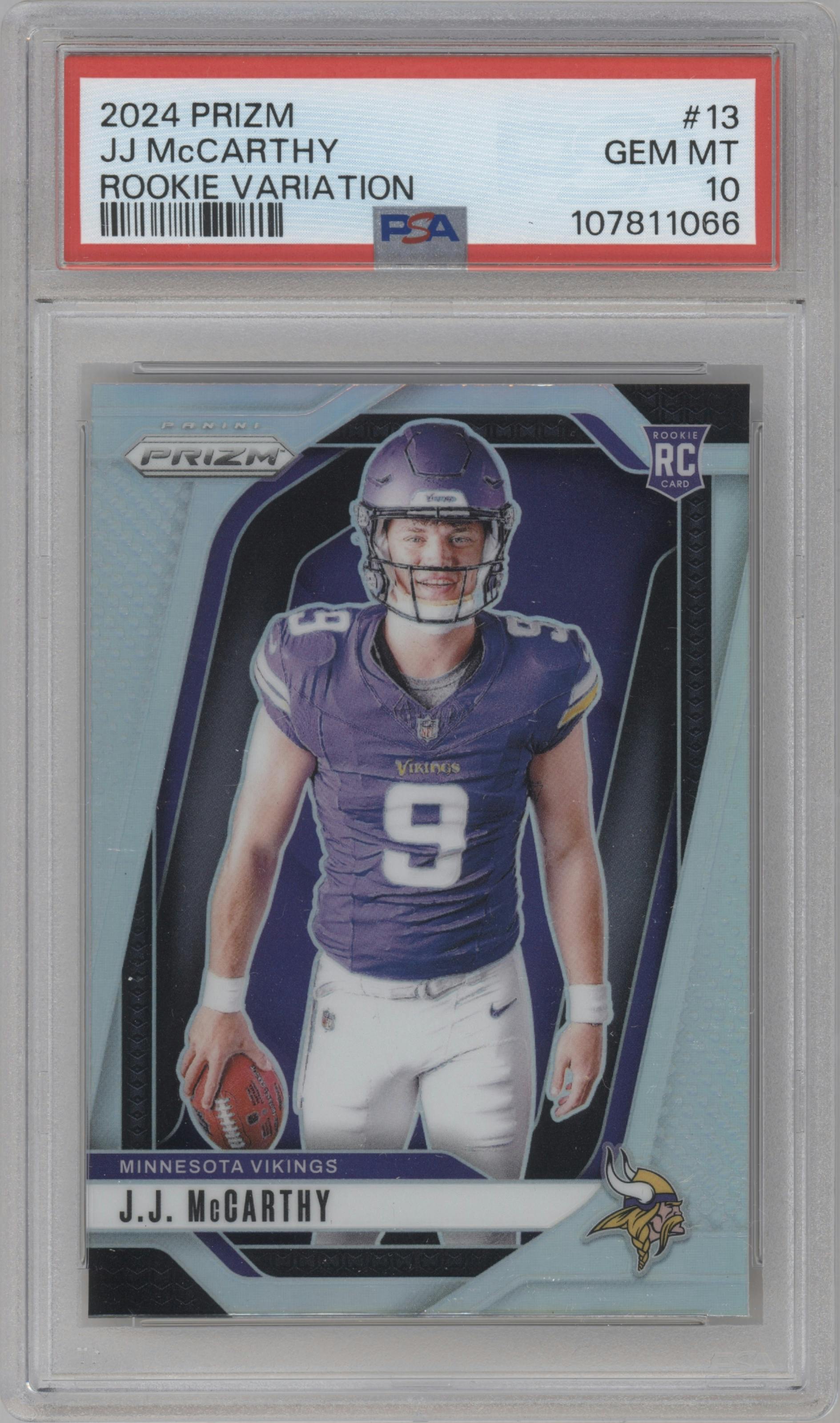 J.J. McCarthy from the 2024 Panini Prizm set graded by PSA and given an overall grade of 10.