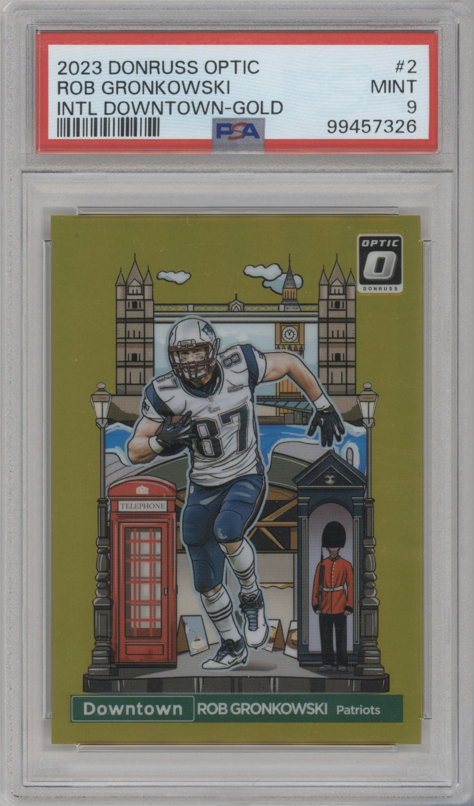Rob Gronkowski from the 2023 Donruss Optic set featuring a Gold parallel graded by PSA and given an overall grade of 9.