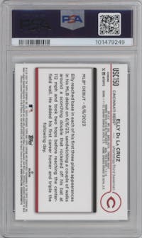 Elly De La Cruz from the 2024 Topps Chrome Update set featuring a Aqua Refractor parallel graded by PSA and given an overall grade of 10.