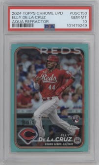 Elly De La Cruz from the 2024 Topps Chrome Update set featuring a Aqua Refractor parallel graded by PSA and given an overall grade of 10.