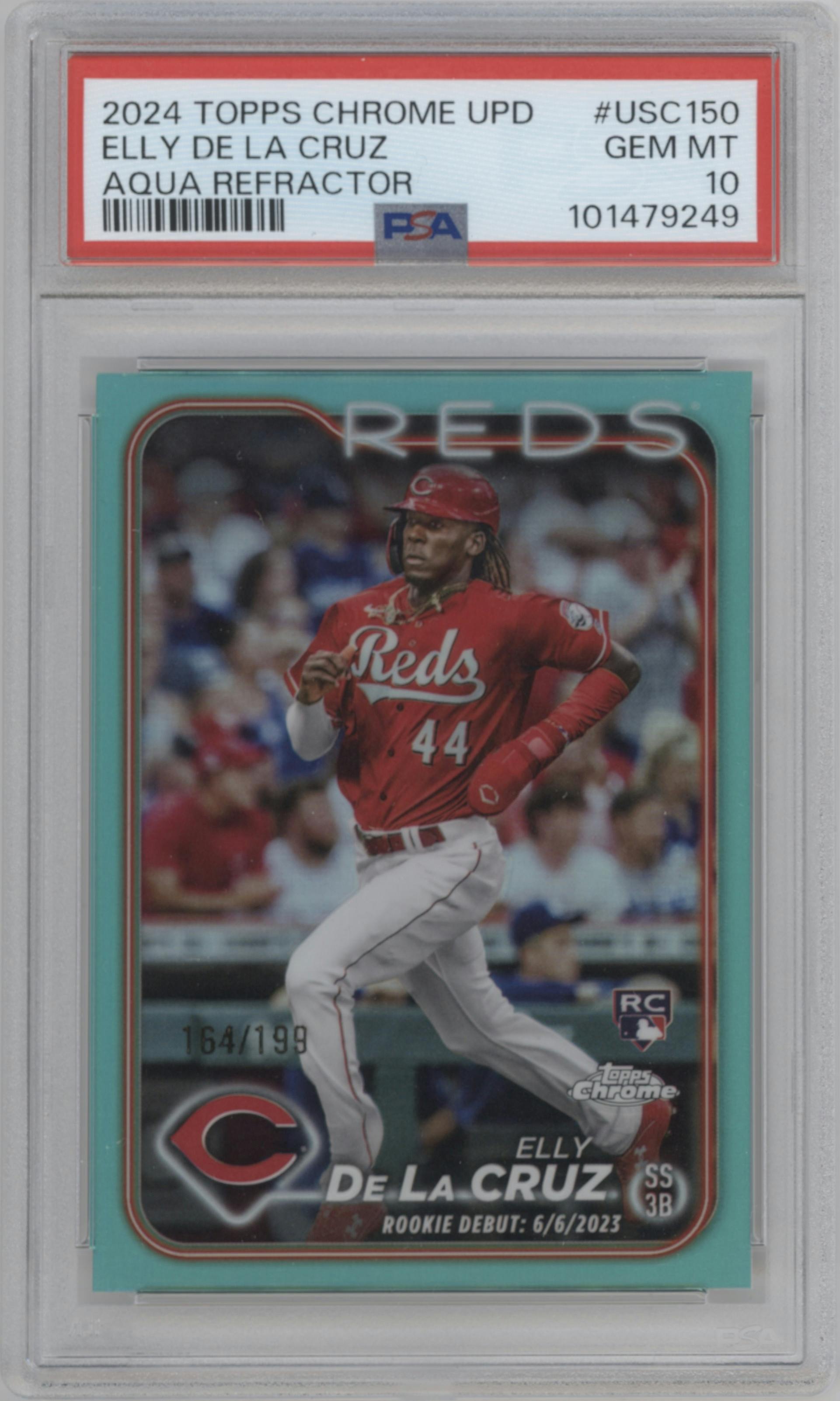 Elly De La Cruz from the 2024 Topps Chrome Update set featuring a Aqua Refractor parallel graded by PSA and given an overall grade of 10.