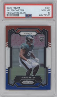 Jalen Carter from the 2023 Panini Prizm set featuring a Red/White/Blue parallel graded by PSA and given an overall grade of 10.
