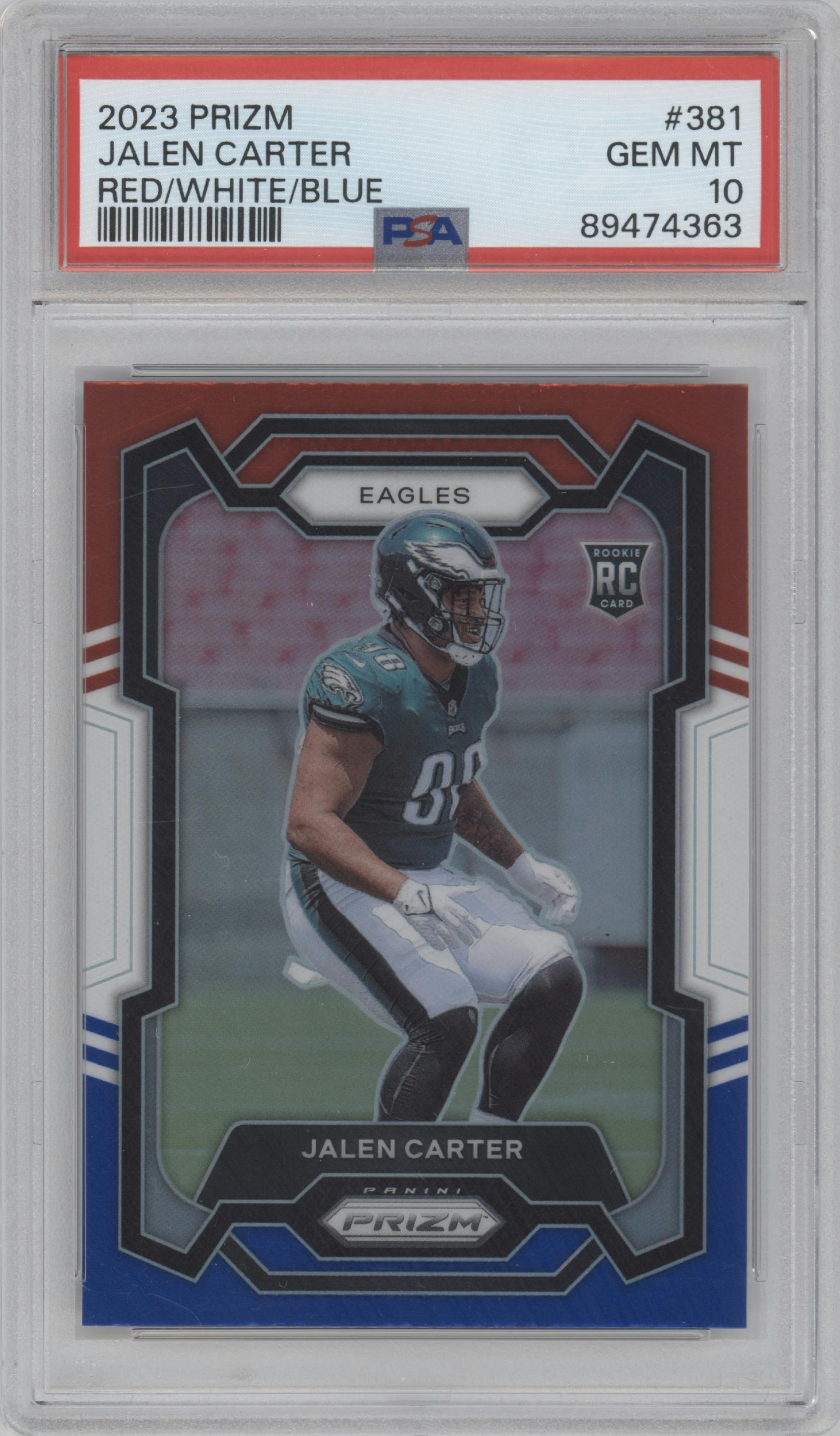 Jalen Carter from the 2023 Panini Prizm set featuring a Red/White/Blue parallel graded by PSA and given an overall grade of 10.