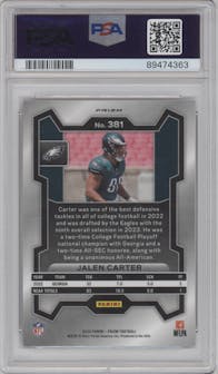Jalen Carter from the 2023 Panini Prizm set featuring a Red/White/Blue parallel graded by PSA and given an overall grade of 10.
