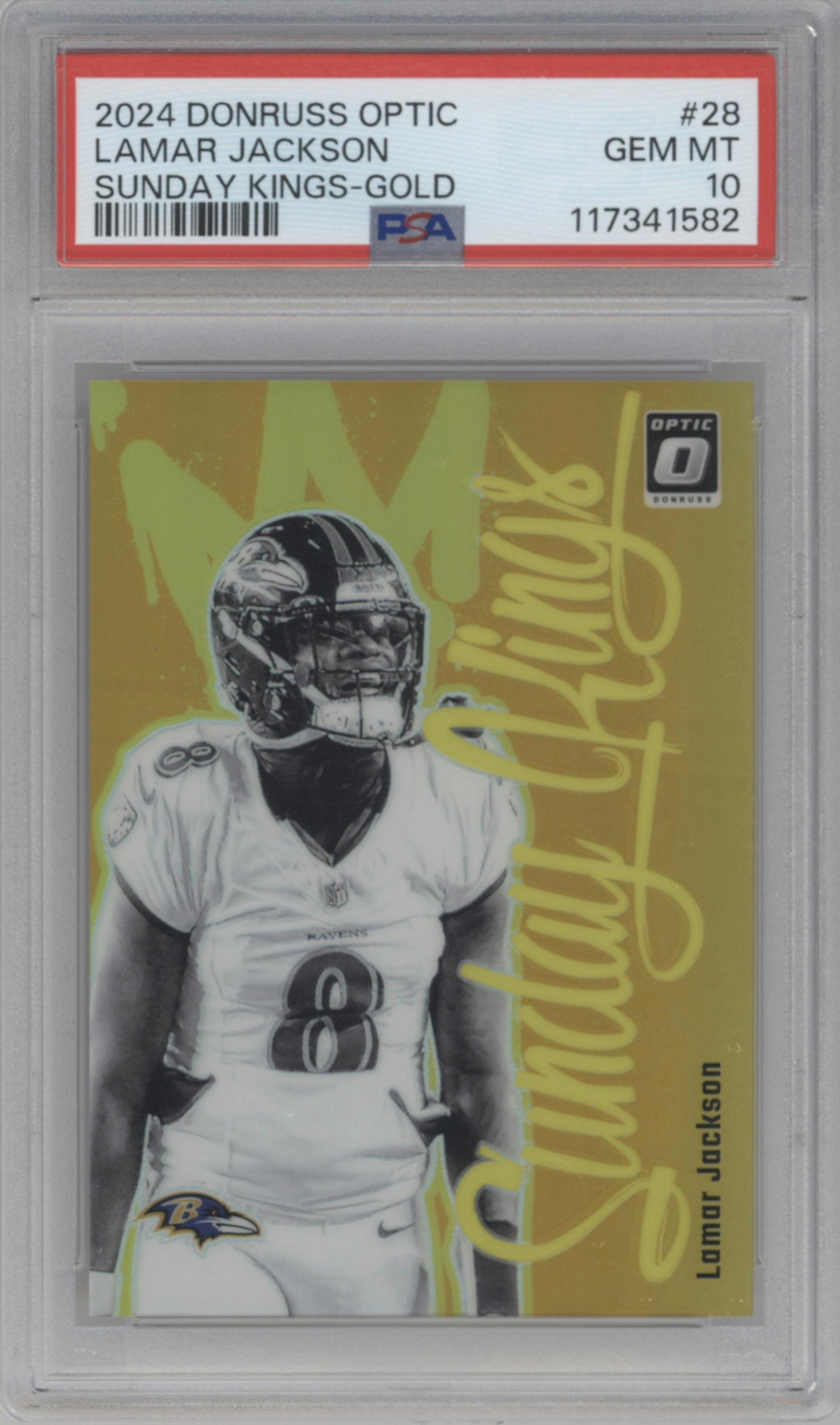 Lamar Jackson from the 2024 Donruss Optic set featuring a Gold parallel graded by PSA and given an overall grade of 10.