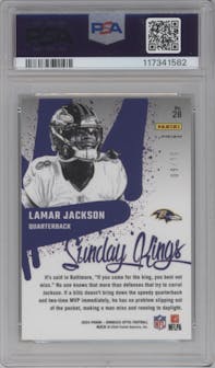 Lamar Jackson from the 2024 Donruss Optic set featuring a Gold parallel graded by PSA and given an overall grade of 10.