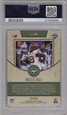 Breece Hall from the 2022 Panini Legacy set featuring a Platinum parallel graded by PSA and given an overall grade of 9.