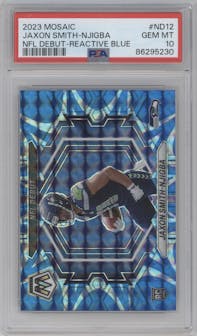 Jaxon Smith-Njigba from the 2023 Panini Mosaic set featuring a Reactive Blue parallel graded by PSA and given an overall grade of 10.