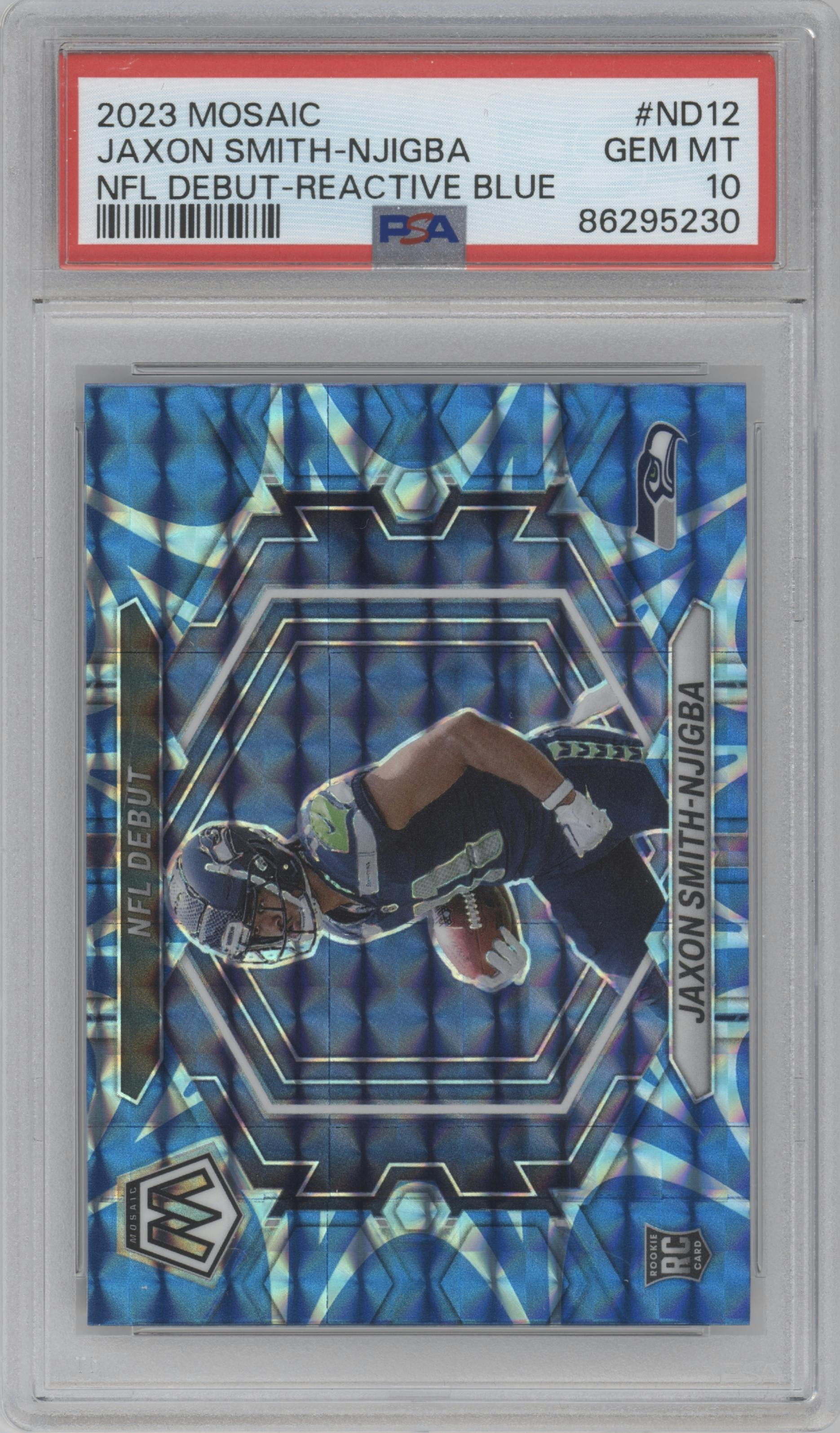 Jaxon Smith-Njigba from the 2023 Panini Mosaic set featuring a Reactive Blue parallel graded by PSA and given an overall grade of 10.