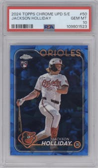 Jackson Holliday from the 2024 Topps Chrome Update Sapphire Edition set graded by PSA and given an overall grade of 10.