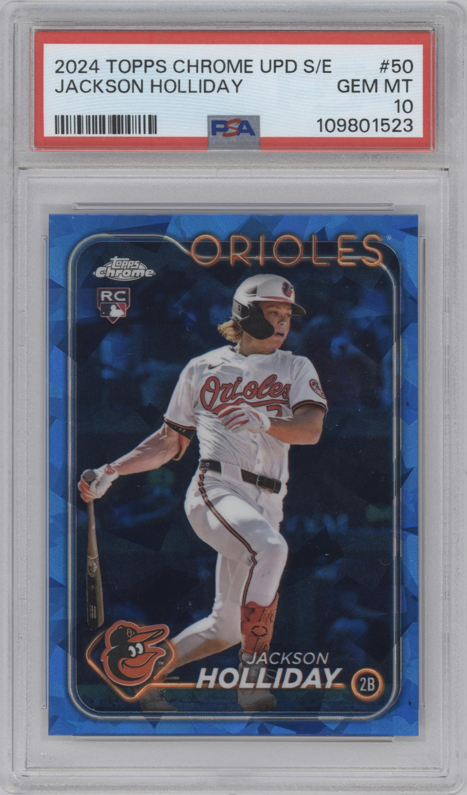 Jackson Holliday from the 2024 Topps Chrome Update Sapphire Edition set graded by PSA and given an overall grade of 10.