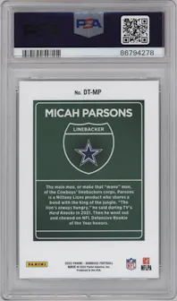 Micah Parsons from the 2022 Panini Donruss set graded by PSA and given an overall grade of 10.