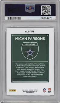 Micah Parsons from the 2022 Panini Donruss set graded by PSA and given an overall grade of 10.