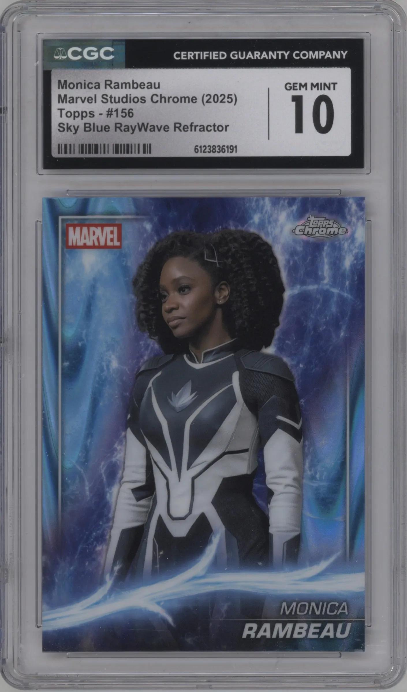 2025 Topps Chrome Marvel Studios Monica Rambeau Sky Blue RayWave Refractor #156 CGC 10