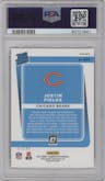 Justin Fields from the 2021 Panini Donruss Optic set featuring a Red parallel graded by PSA and given an overall grade of 9.