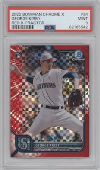 George Kirby from the 2022 Bowman Chrome X set featuring a Red parallel graded by PSA and given an overall grade of 9.
