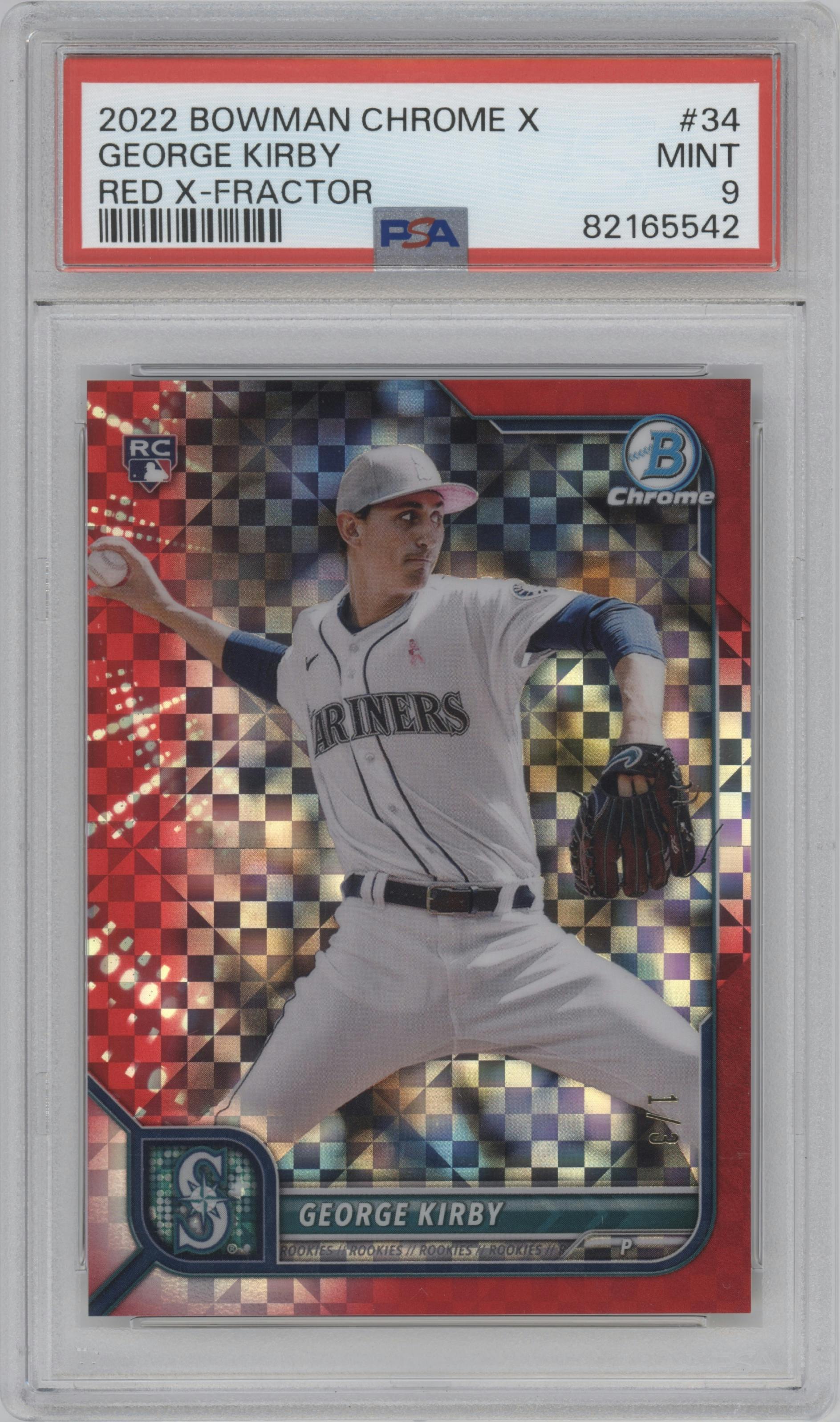 George Kirby from the 2022 Bowman Chrome X set featuring a Red parallel graded by PSA and given an overall grade of 9.
