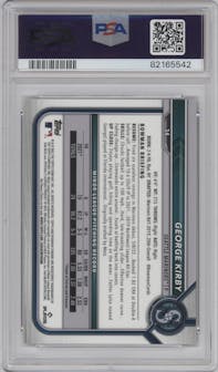 George Kirby from the 2022 Bowman Chrome X set featuring a Red parallel graded by PSA and given an overall grade of 9.