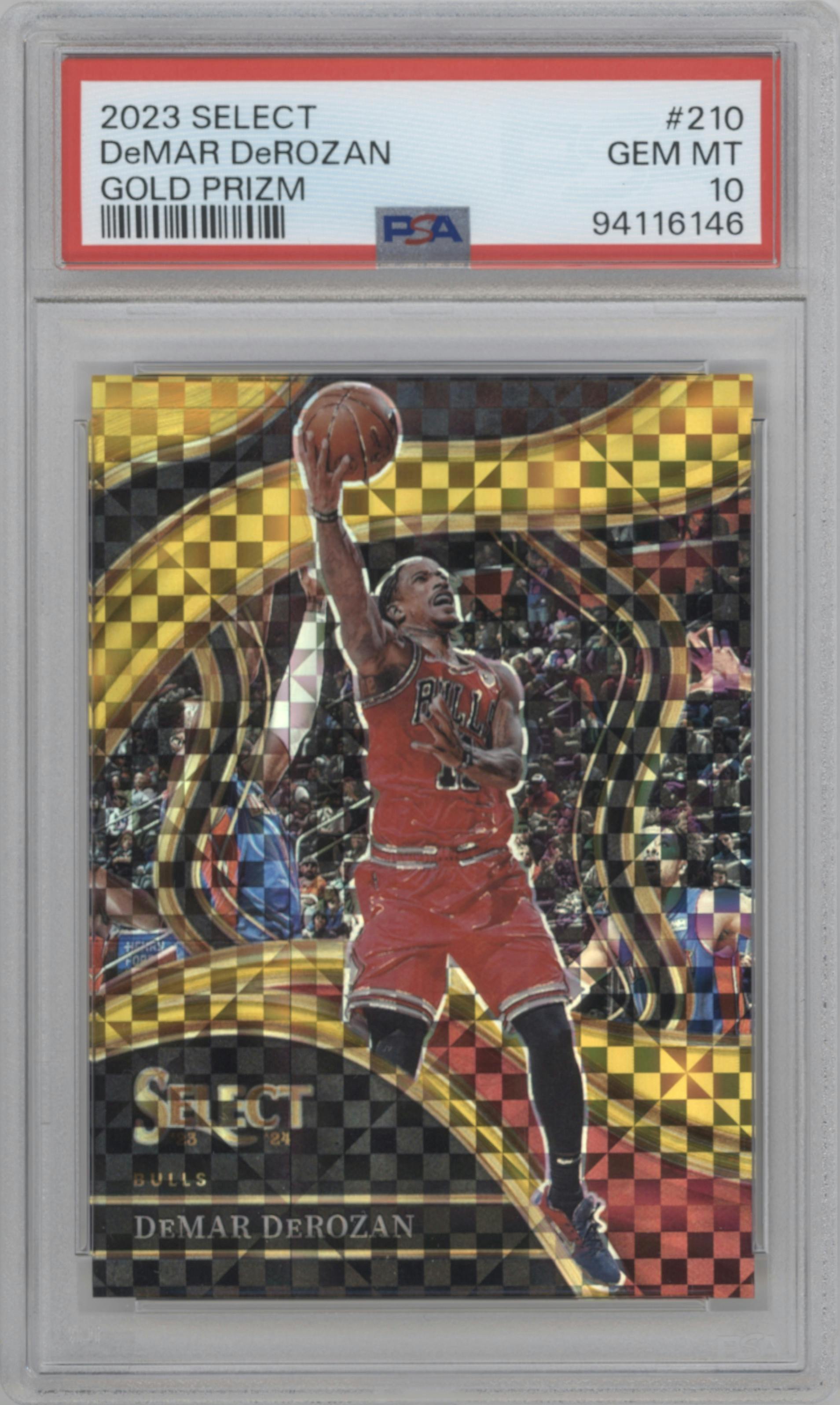 DeMar DeRozan from the 2023-24 Panini Select  set featuring a Gold Prizm parallel graded by PSA and given an overall grade of 10.