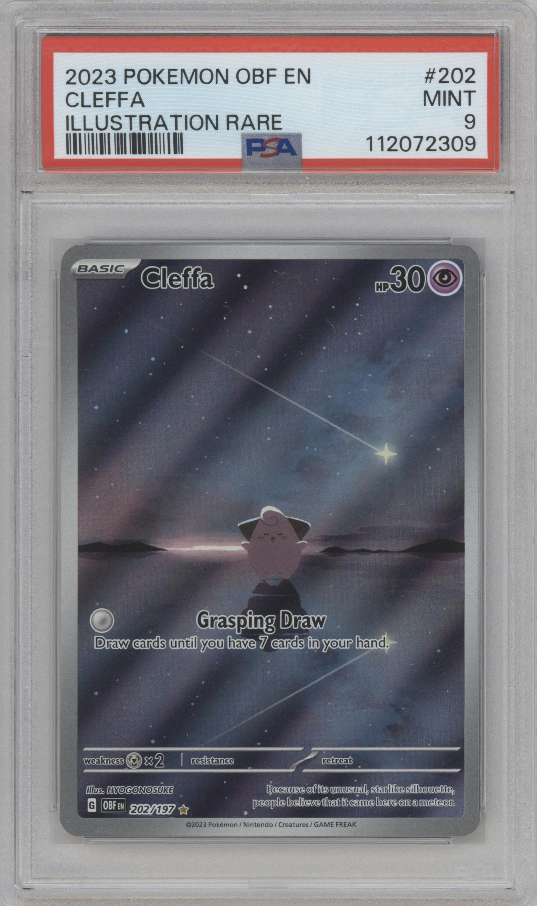 Cleffa from the 2023 Pokemon SV set graded by PSA and given an overall grade of 9.