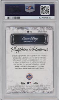 Carson Benge from the 2024 Bowman Draft Sapphire Edition set featuring a Super Fractor parallel graded by PSA and given an overall grade of 10.
