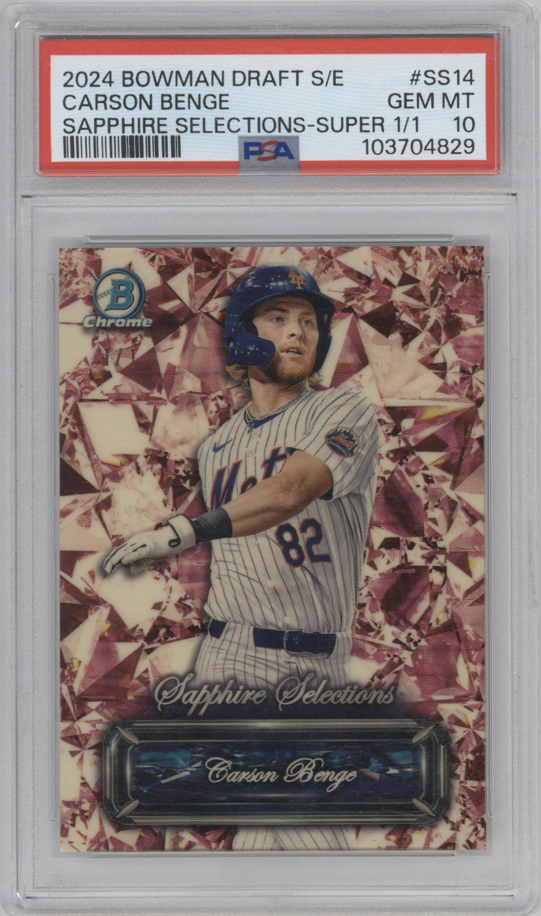 Carson Benge from the 2024 Bowman Draft Sapphire Edition set featuring a Super Fractor parallel graded by PSA and given an overall grade of 10.