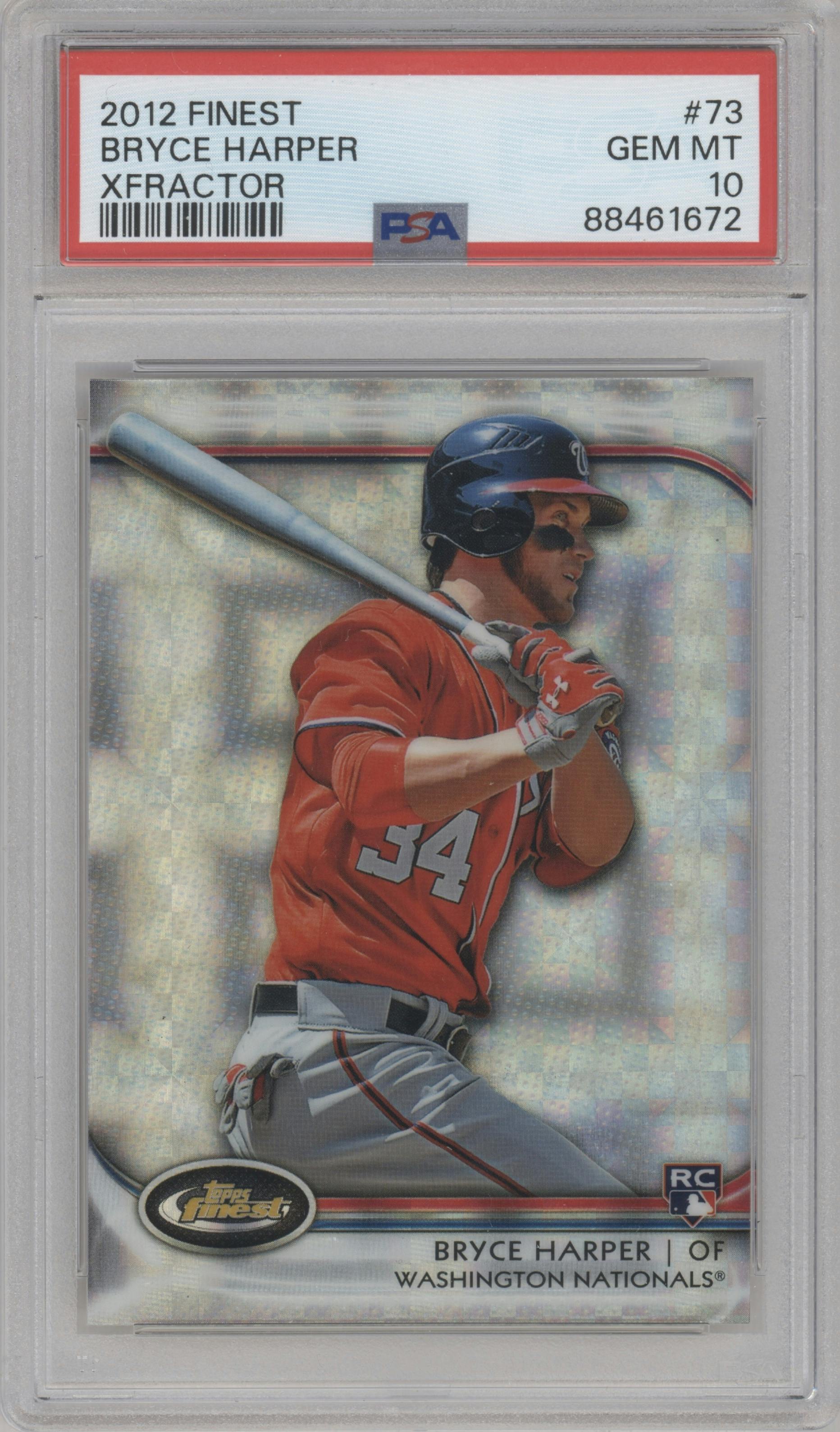 Bryce Harper from the 2012 Topps Finest set featuring a X-Fractor parallel graded by PSA and given an overall grade of 10.