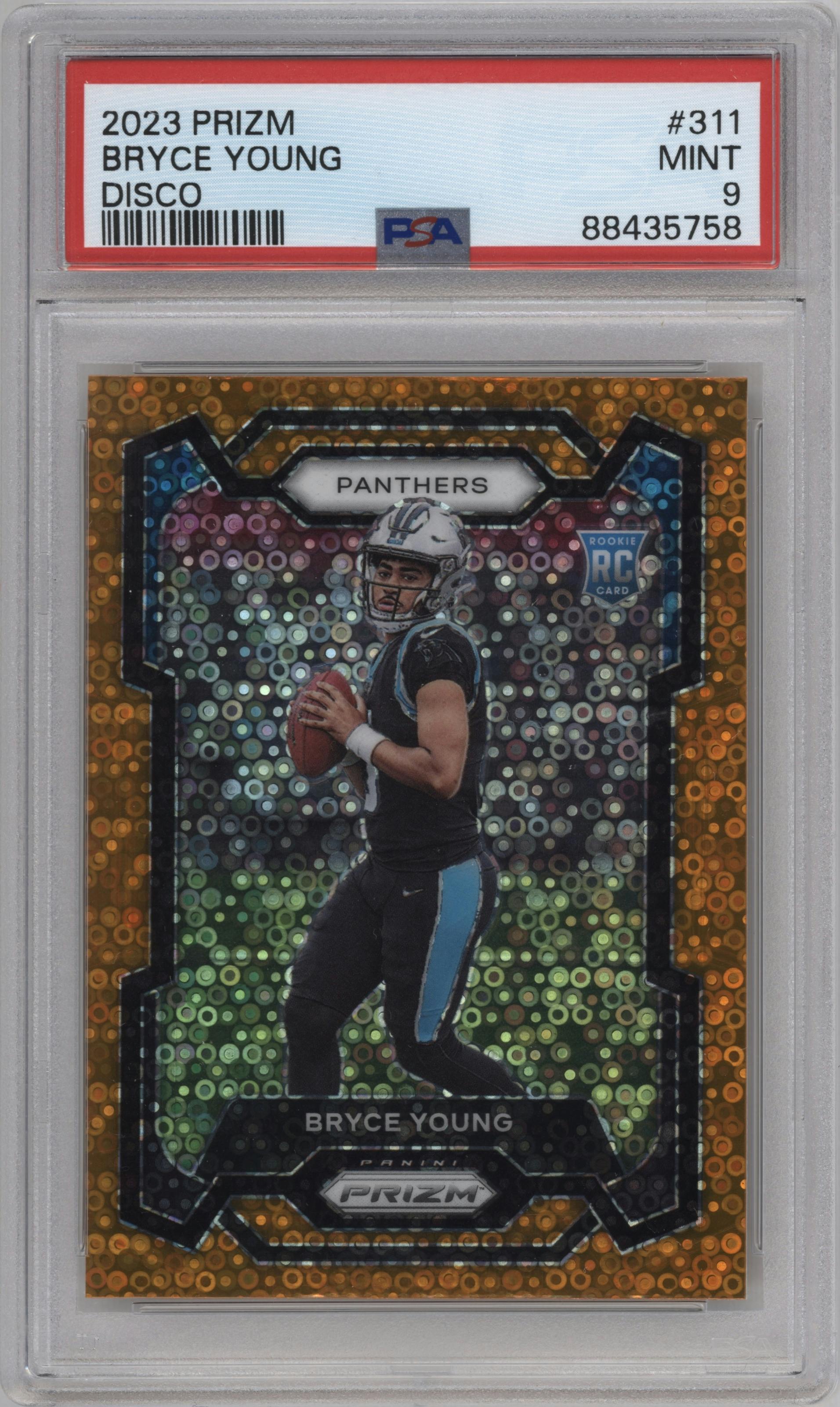 Bryce Young from the 2023 Panini Prizm set featuring a Disco parallel graded by PSA and given an overall grade of 9.